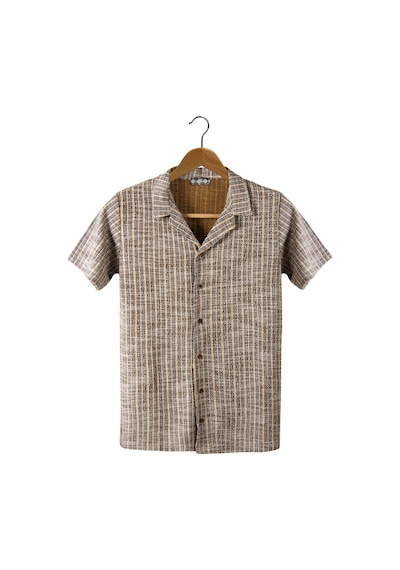Erkek Sarı Kısa Kollu Slim Fit Çizgi Desenli Pamuklu Yazlık Gömlek Sarı