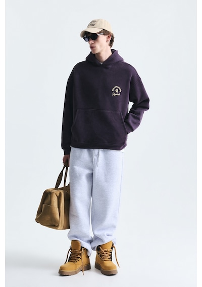 Vamos Boxy Fit Yazılı Kapüşonlu Sweatshirt Mürdüm
