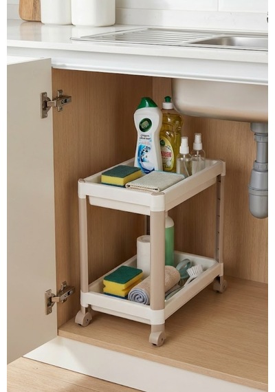 2 Katlı Tekerlekli Tezgah Altı Raf Düzenleyici Organizer, Banyo Lavabo Altı Düzenleyici "antrasit" Beyaz