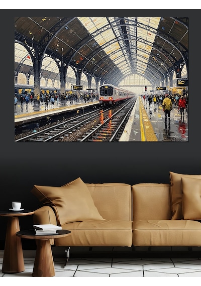 Gar İçinde Bekleyen Modern Tren Dekoratif Kanvas - Mdf Ahşap Tablo