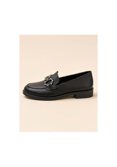 37brandshoes El Yapımı Hakiki Deri Metalik Boncuklu Loafer Siyah Siyah