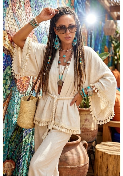 Kalın Denizci Halat Kemerli Ponponlu Geniş İspanyol Flair Kol Doğal Keten Bohem Kaftan Kimono Ekru Kalın Denizci Halat Kemerli Ponponlu Geniş İspanyol Flair Kol Doğal Keten Bohem Kaftan Kimono Ekru