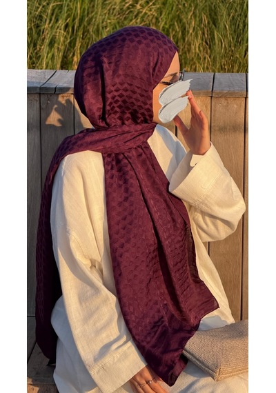 Qalortex Scarf Premium Pamuklu Jakar Şal-patlıcan Mor