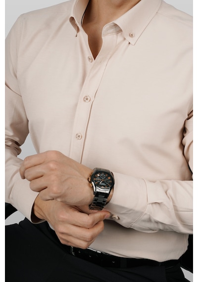 Bej Yaka Düğmeli Premium Şamre Slimfit Erkek Gömlek Bej