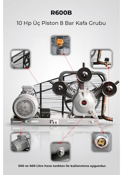 R.m.d Kompresör 10 Hp Üç Piston 8 Bar Kafa Grubu -r600b