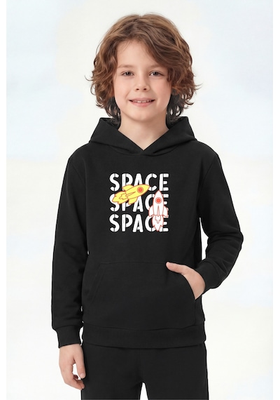 Fyk Kids Kanguru Cepli Kapüşonlu Baskı Detaylı Erkek Çocuk Sweatshirt Siyah