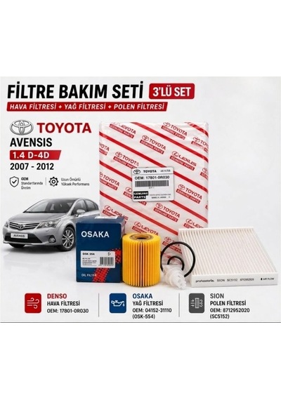 Toyota Avensis 2007-2012 1.4 D-4d Filtre Bakım Seti 3 Lü Hava + Yağ + Polen Filtre Seti Siyah