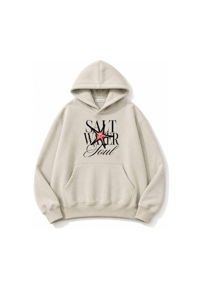 Herkesemoda Salt Water Baskılı Kapüşonlu 2 İplik Şardonlu Sweatshirt Bej
