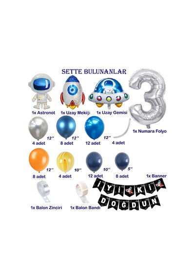 Uzay Temalı Doğum Günü Seti 3 Yaş ; 4 Adet Folyo Balon, 60 Adet Lateks Balon, Banner, Balon Zinciri ve Balon Bandı