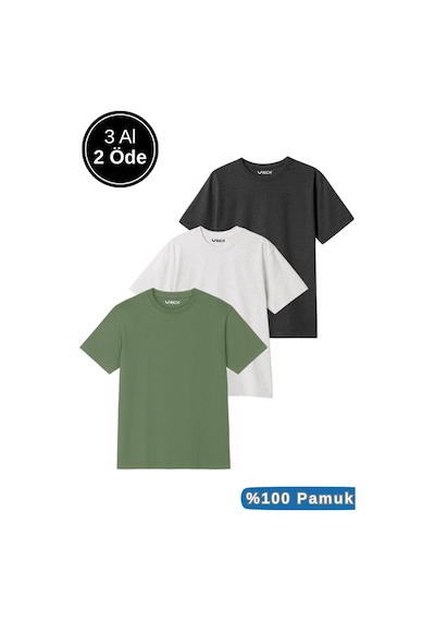 Rich Erkek 3lü Paket Antrasit Melanj-beyaz-yeşil Pamuklu Oversize Tişört Bisiklet Yaka Kısa Kollu T-shirt Yeşil