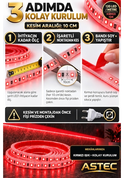 Astec Yapışkanlı 100 Metre Kırmızı 220v Silikonlu Şerit Led Yüksek Güç Tak Çalıştır İç Dış Mekân Su Geçirmez