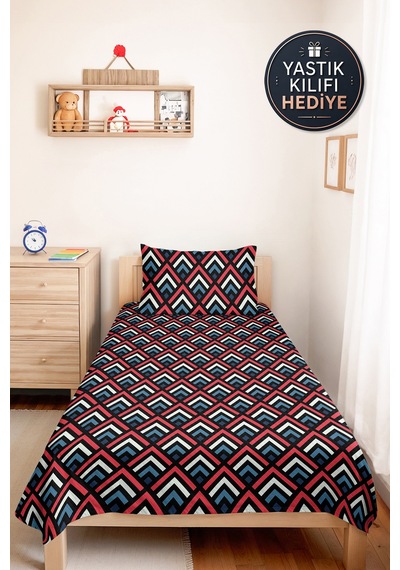 Geometrik Siyah Genç Odası Tek Kişilik Pike Takımı - Modern Lacivert Kırmızı 160x220 Cm Yatak Örtüsü Dokulu İz Perdesi