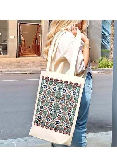 Türk El Sanatları İç Cepli Körüklü Örgü Kulplu Kanvas Çanta 35x40x10 Cm - No.05 Beyaz - Siyah