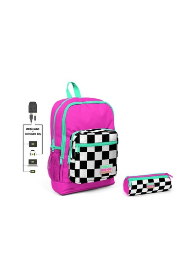 Coral High Pembe Damalı İlkokul Sırt Çantası ve Kalemlik Seti - K