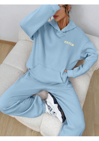 Fetch Eşofman Takımı Sweatshirt Jogger - Bebe Mavisi Baskılı Oversize Şardonlu Kapüşonlu Bej Fetch Eşofman Takımı Sweatshirt Jogger - Bebe Mavisi Baskılı Oversize Şardonlu Kapüşonlu Bej