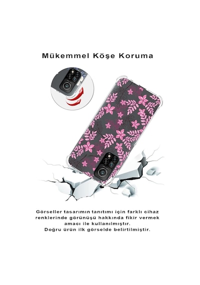 Xiaomi Poco X3 Pro Köşe Korumalı Antişok Kapak Floral Pembe Tasarımlı Şeffaf Silikon Kılıf
