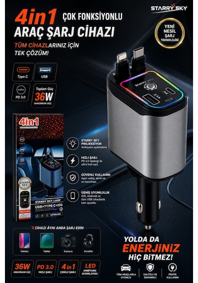 66w 4 Ü 1 Arada Starry Sky Araç Şarj Cihazı Geri Çekilebilir Type-c & Lightning Kablo, Usb-a, Pd 3.0 Hızlı Şarj, Rgb Led Yıldız Tavan Projektörü, 12v-24v Uyumlu Çoklu Şarj Adaptörü