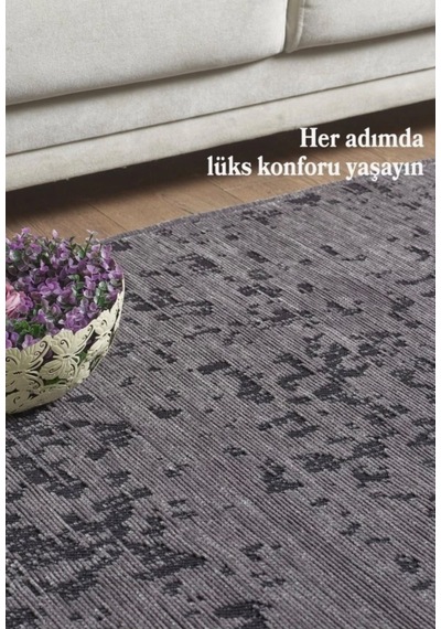 Bohem Tarz Geometrik Desenli Pamuk Taban Antrasit Renk Şönil Kilim