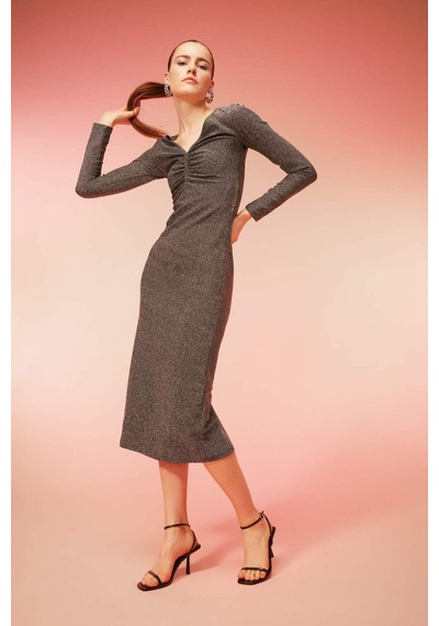 Defacto Bodycon Basic Düz Vücudu Saran V Yaka Payetli Kumaş Midi Uzun Kollu Elbise B4699AX23WNGR452