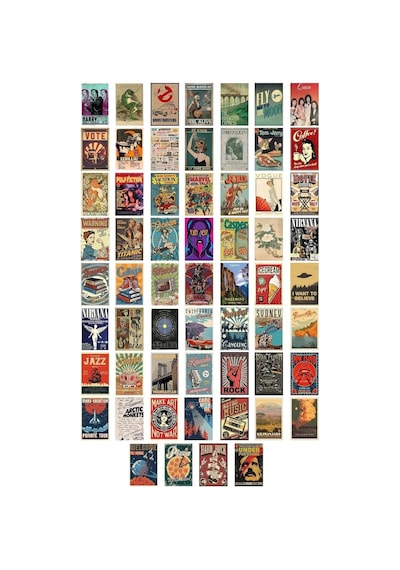 Postifull Retro Poster Seti - Kolaj Seti - Oda Dekoru - Duvar Posteri - Yapışkanlı - Duvar Dekoru - 60 Adet
