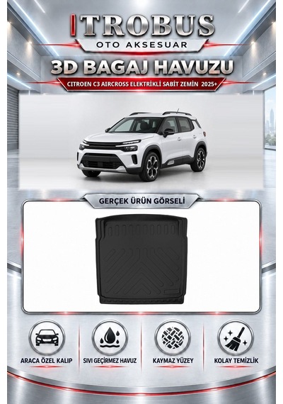 Citroen C3 Aircross 2025+ Elektrikli 3d Havuzlu Paspas + 3d Bagaj Havuzu Seti Sabit Zemin Siyah