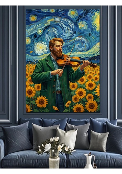Ahşap Tablo Van Gogh Tarzı Yıldızlı Gecede Ayçiçek Tarlasındaki Kemancı Adam