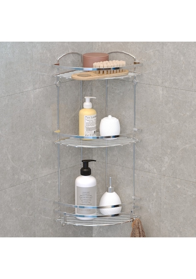 Teknotel Üç Katlı Banyo Köşe Rafı Kancalı Krom Lm009H Çok Renkli