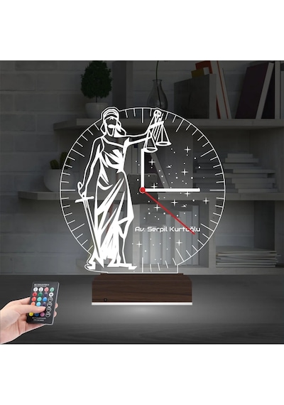 Luvivia Adalet Kadın Avukat Hediye Terazi Kişiye Özel Saatli 3d Lamba - Masa Gece Lambası Şeffaf