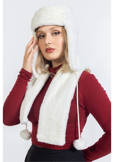 Ladycolor Peluş Kulaklı Pilot Şapka Atkılı Takım Beyaz Beyaz