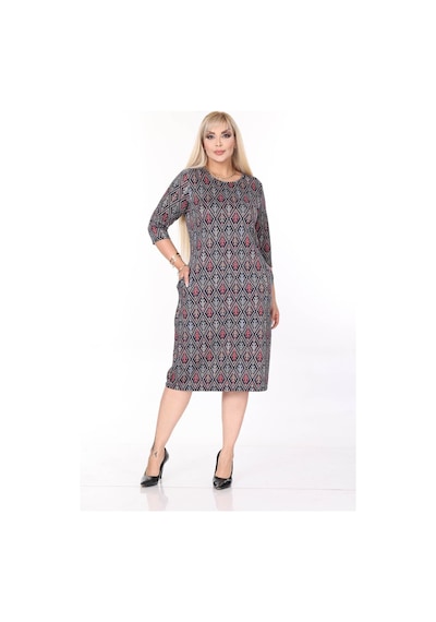 Çift Cepli Desenli Esnek Kışlık Büyük Beden Midi Elbise 44a-2701 Desenli