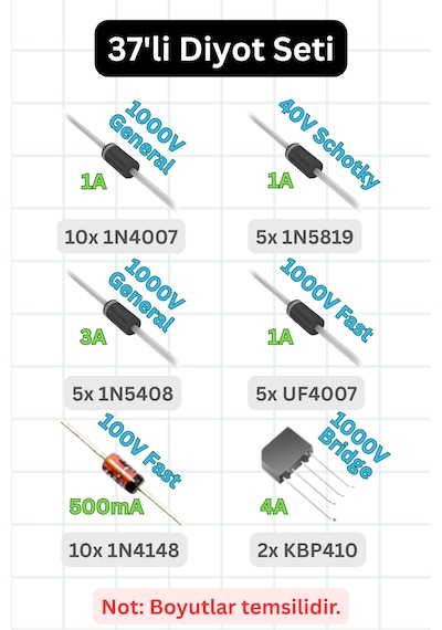 Diyot Seti Tht 6 Çeşit 37 Adet - 1n4007, 1n4148, 1n5819, 1n5408, Uf4007, Kbp410