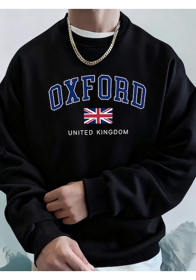 Startmore Startmoreoxford Birleşik Krallık Mektup Ve Bayrak Baskılı Erkek Kapüşonlular Bisiklet Yaka Yumuşak Üst Siyah