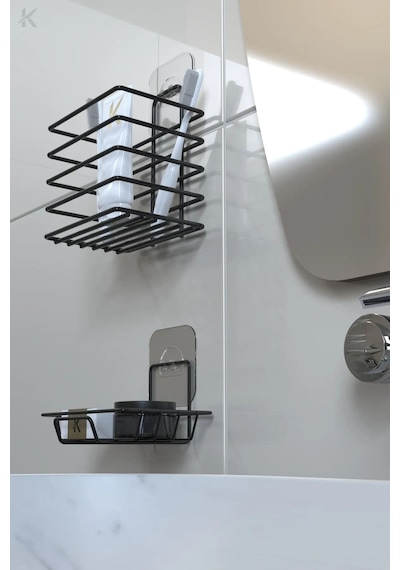 Siyah Paslanmaz Metal Banyo Duvar Organizeri - Yapışkanlı Diş Fırçalık Ve Sabunluk Seti Siyah