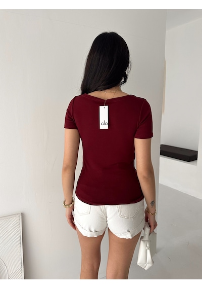Elaxi Kadın Kısa Kollu Kayık Yaka Buzy Kumaş Tişört Bordo
