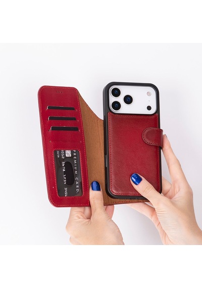 Bloomcase Magic Wallet Crimson Red Apple Uyumlu iPhone 17 Pro 6.3" Hakiki Deri Çıkarılabilir Cüzdanlı Telefon Kılıfı Kırmızı
