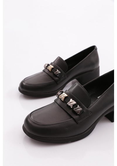 Dgn 603 Kadın Topuklu Loafer Ayakkabı Siyah Napa