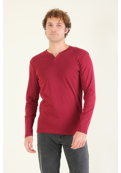 Giyim Dünyası Erkek Sıfır Yaka Düğmeli Uzun Kol Sweatshirt Bordo 001