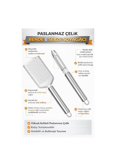 Paslanmaz Çelik Mutfak Rende Ve Sebze Soyacağı Seti, Ergonomik Saplı, Çok Amaçlı Dayanıklı Rende, Soyacak, Meyve, Sebze Ve Peynir İçin Uygun Mutfak Aleti Seti