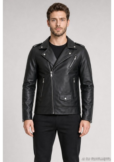 Freemen Erkek Fermuarlı Cep Detaylı Slim Fit Suni Deri Ceket-416 Siyah