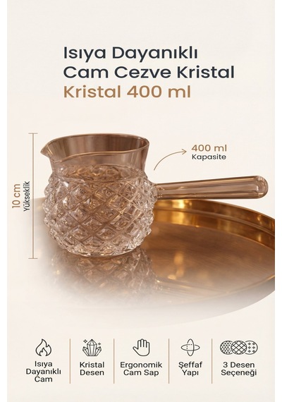 Isıya Dayanıklı Cam Cezve Kristal 400 Ml, 10 Cm Yükseklik, Cam Türk Kahvesi Cezvesi