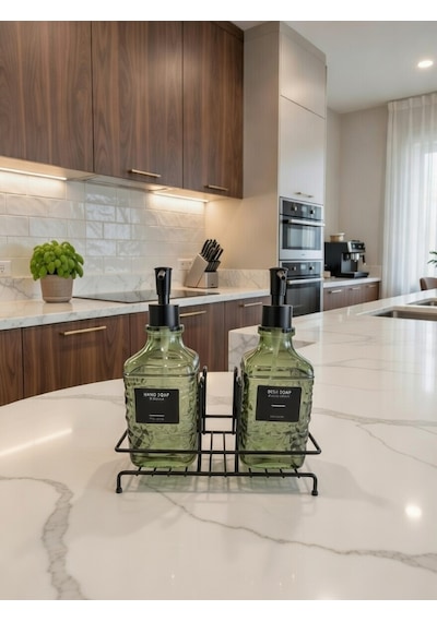 Modern Çizgili - Kabartmalı Cam İkili Sıvı Sabunluk & Deterjanlık Seti - 500ml Standlı Mutfak Ve Banyo Organizeri Yeşil