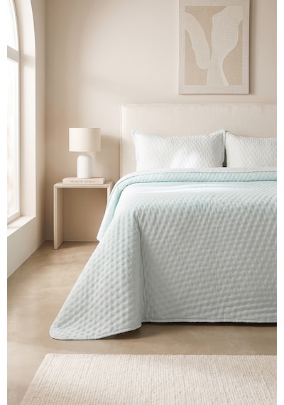 Ocean Home Textile Pamuklu Kapitoneli Açık Mavi Renk Çizgi Desen Çift Kişilik Yatak Örtüsü Seti 1 Adet 250 X 230 / 2 Adet 50 X 70 Cm