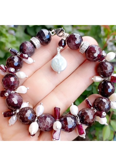 Sibelce 2687 Garnet Doğal İnci Zirkon El Yapımı Bileklik Bordo