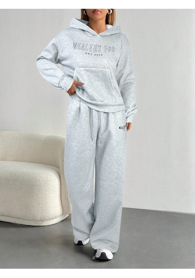 Macklin Unisex Kadın Erkek Healty For Baskılı Oversize 3 İplik Kapüşonlu Sweatshirt Ve Baggy Eşofman Altı Gri Melanj