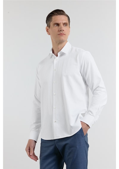 İmza Beyaz Sert Yaka Uzun Kol Cepsiz Slim Fit Pamuklu Gömlek 1004255284
