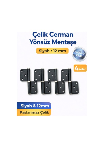 4 Adet Çelik Cerman Yönsüz Siyah Kapı Menteşesi 12 Mm
