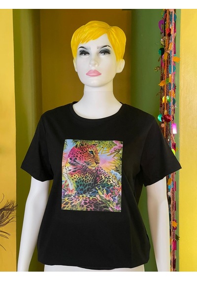 %100 Pamuk Basic Bisiklet Yaka Örme 3 Boyutlu Renkli Kaplan Baskı T-shirt Siyah