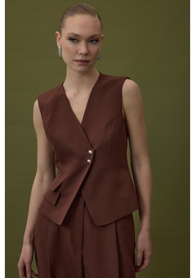 Sateen Sofia Yelek - Kahve-137055 Kahve