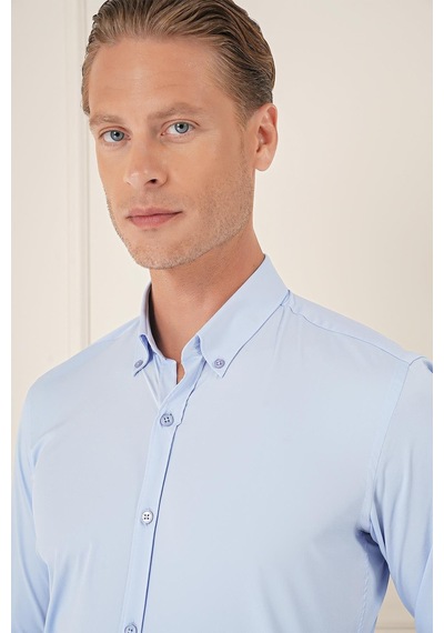 Efor Slim Fit Düğmeli Yaka Esnek Pamuk Klasik Mavi Gömlek Gk 727 Mavi