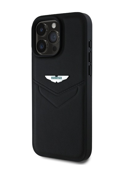 Apple Uyumlu iPhone 16 Pro Max Kılıf Aston Martin Lisanslı Victory Dizayn Deri Metal Logolu Kapak Siyah